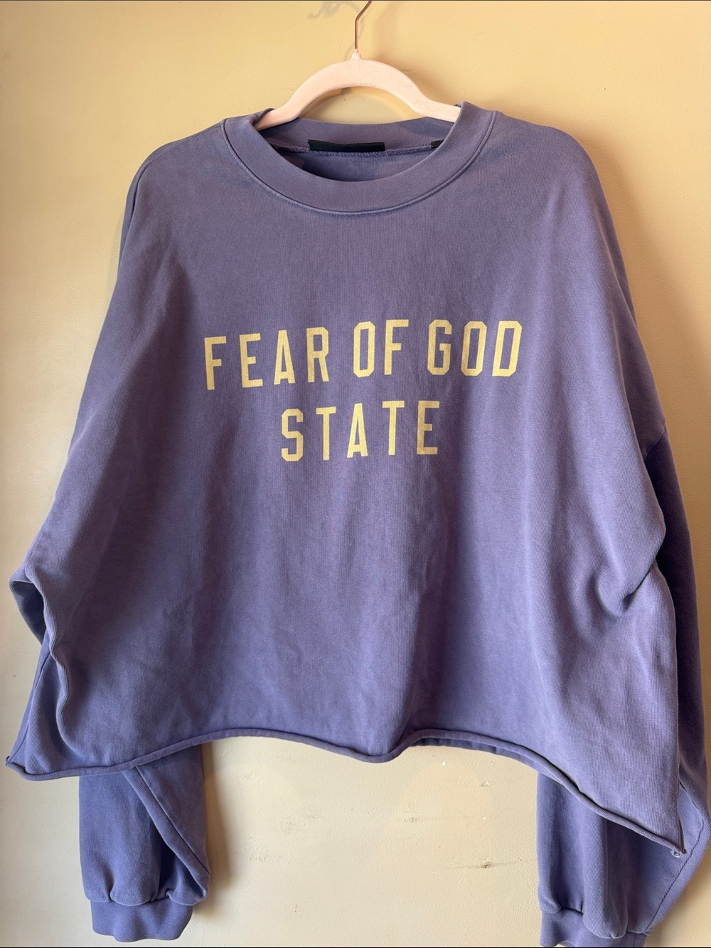 Essentials Purple Crewneck Sweatshirt with Yellow 'FEAR OF GOD STATE' Graphic
